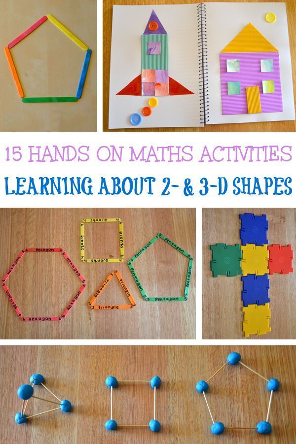 different activities for kids to learn about shapes and numbers with the title, 15 hands on maths activities learning about 2 & 3 - d shapes