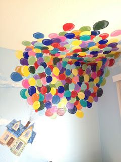 a bunch of balloons are floating in the air above a room with a blue wall