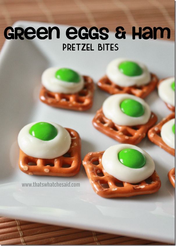 green eggs and ham pretzel bites on a white plate with text overlay