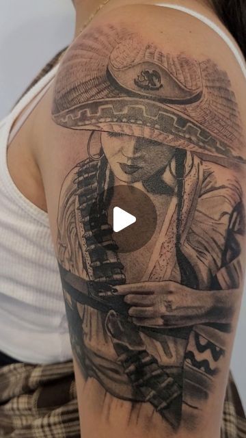 a woman with a cowboy hat on her shoulder is shown in this tattoo video game