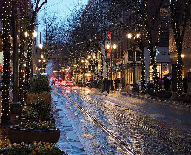 an empty city street is lit up with christmas lights and decorated trees on the sidewalk