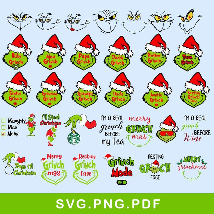 the grin's christmas svg bundle includes santa hats and other holiday related items