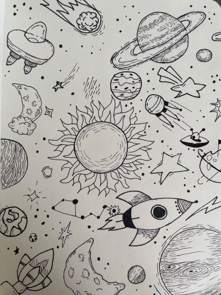 a drawing of the solar system with planets and stars on it, as well as other objects