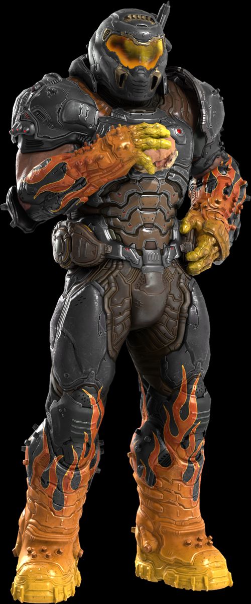 an action figure with flames on it's body and helmet, standing in front of a black background