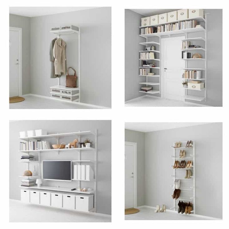 four different views of a white room with bookshelves and shelves on the wall