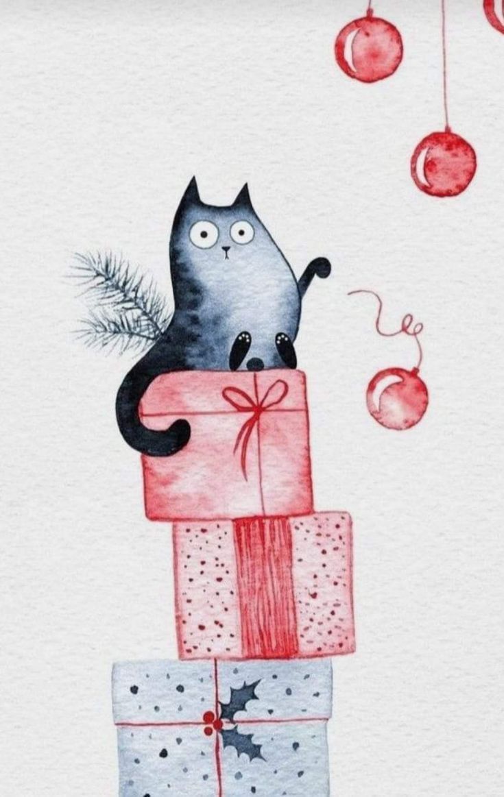 a watercolor painting of a cat sitting on top of a present box with ornaments hanging from it