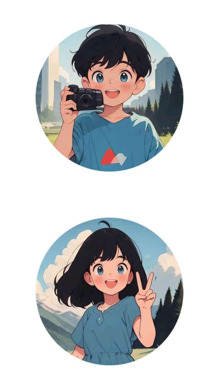 two circular pictures with anime characters holding up their hands and making the peace sign in front of them