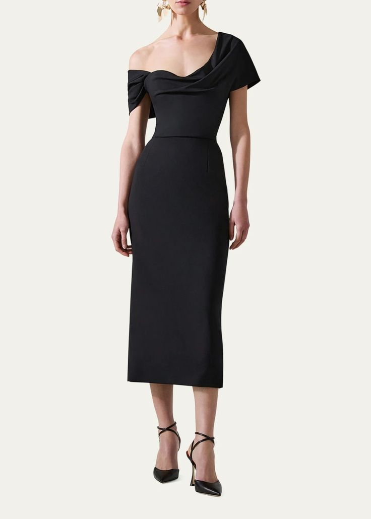 Carolina Herrera Draped Off-The-Shoulder Midi Dress - Bergdorf Goodman Asymmetrical Off Shoulder Dress, Carolina Herrera Dresses, Cocktail Jacket, Midi Cocktail Dress, Elements Of Style, Lingerie Sleepwear, Crepe Dress, Carolina Herrera, Black Midi Dress