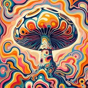 an abstract painting of a mushroom with multicolored swirls on it's surface