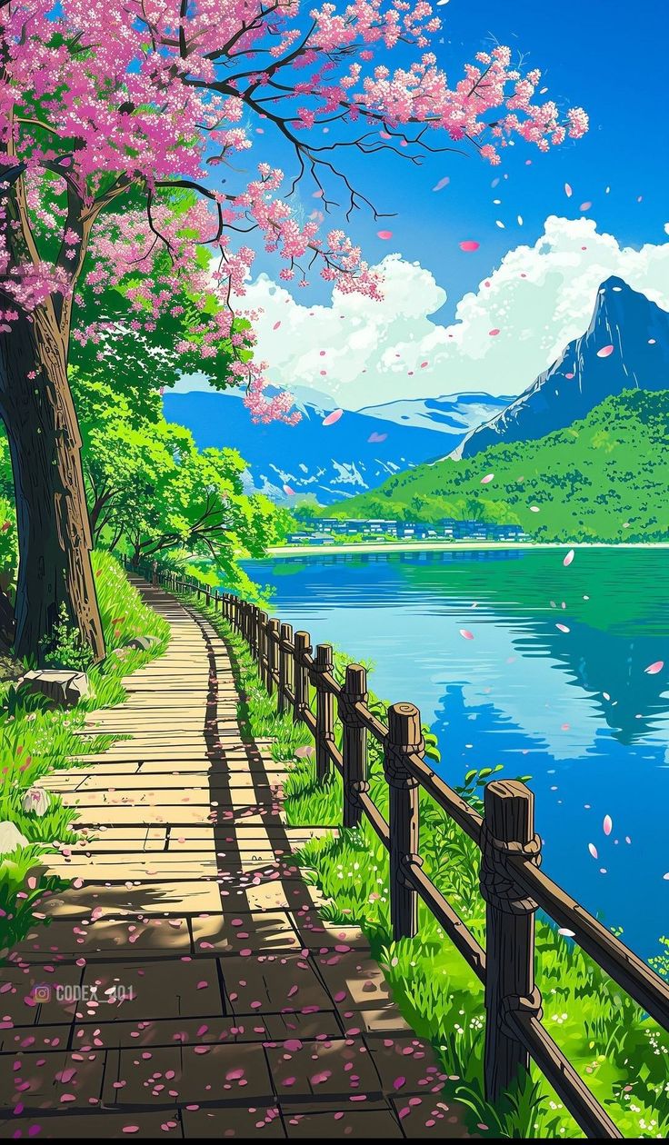 a painting of a path leading to a lake with cherry blossoms on the trees and mountains in the background