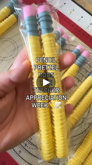 a person is holding some yellow and blue pencils in their hand with the words pencil pretzel foods teacher appreciation week written on it