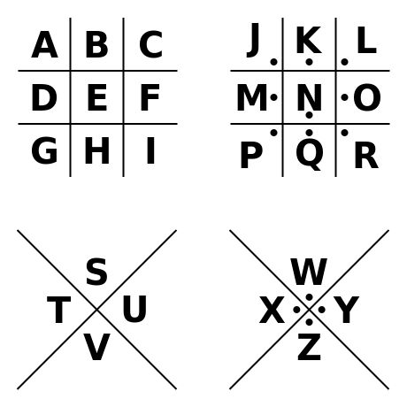 four different types of letters and numbers in the same font pattern, each with their own letter