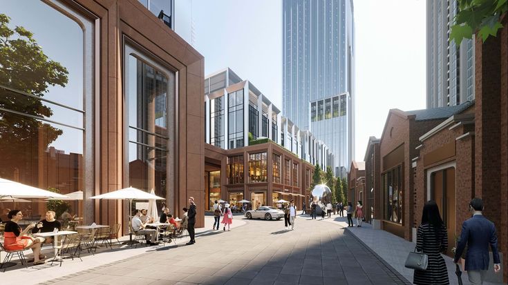 an artist's rendering of a city street with people walking and sitting at tables