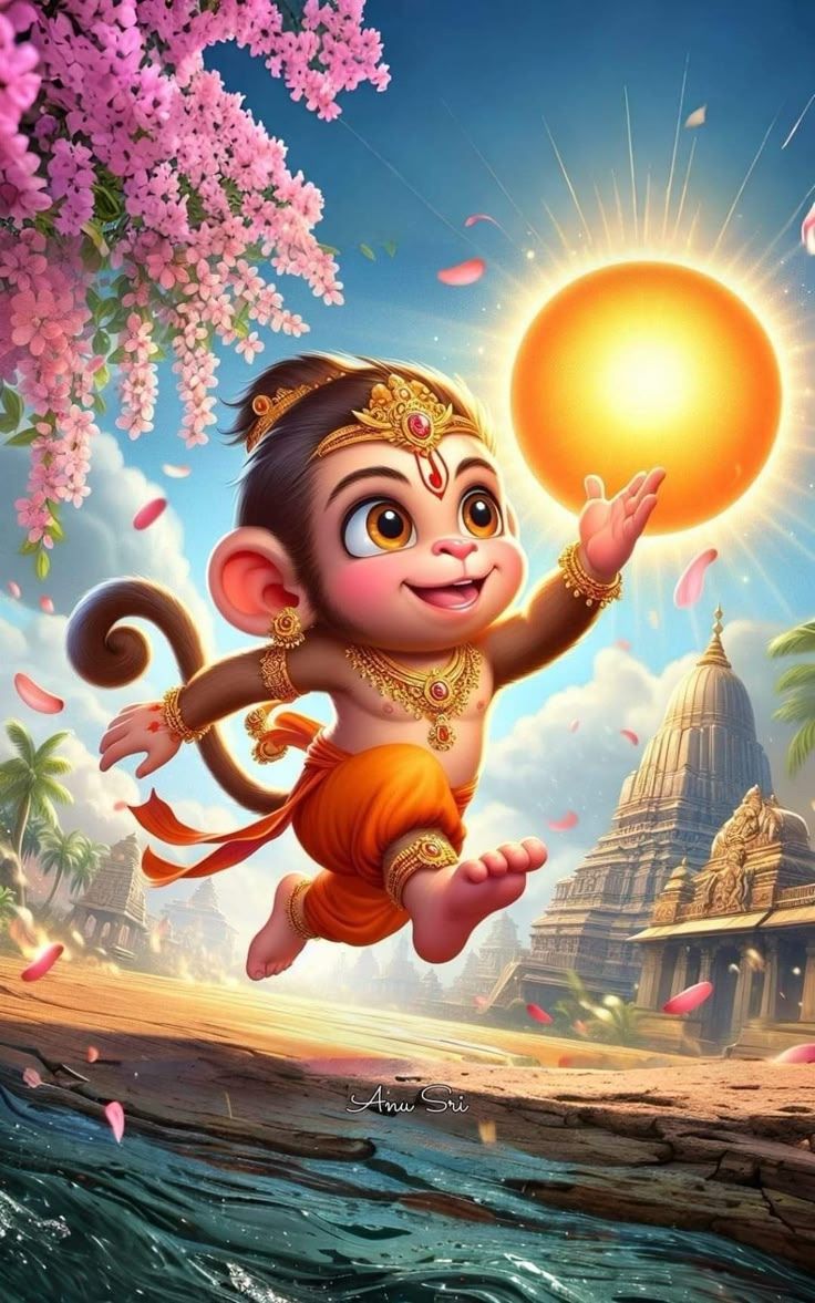 a monkey flying through the air with a ball in it's hand and some pink flowers