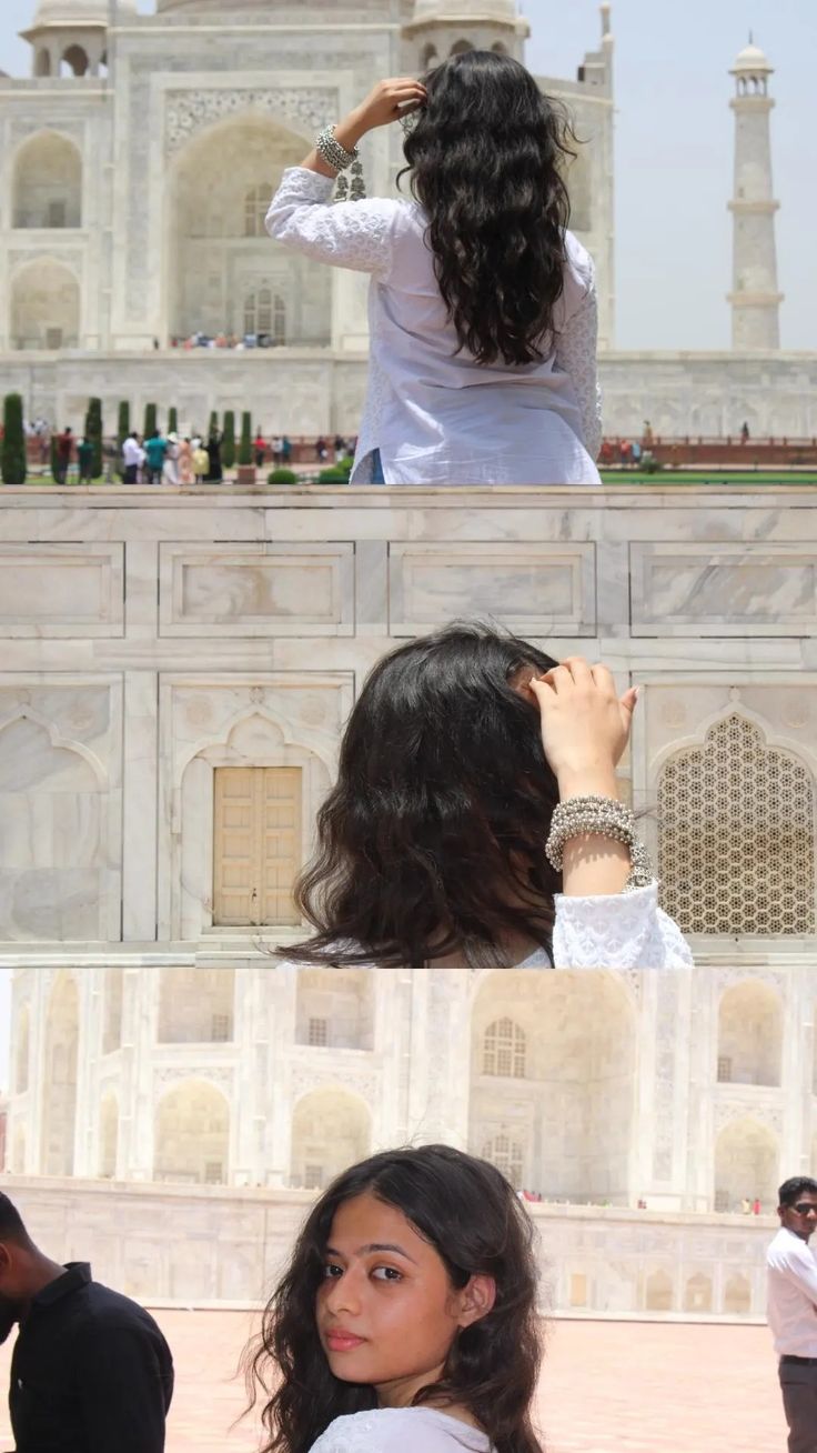 two different pictures of the same woman in front of a white building, one with long hair