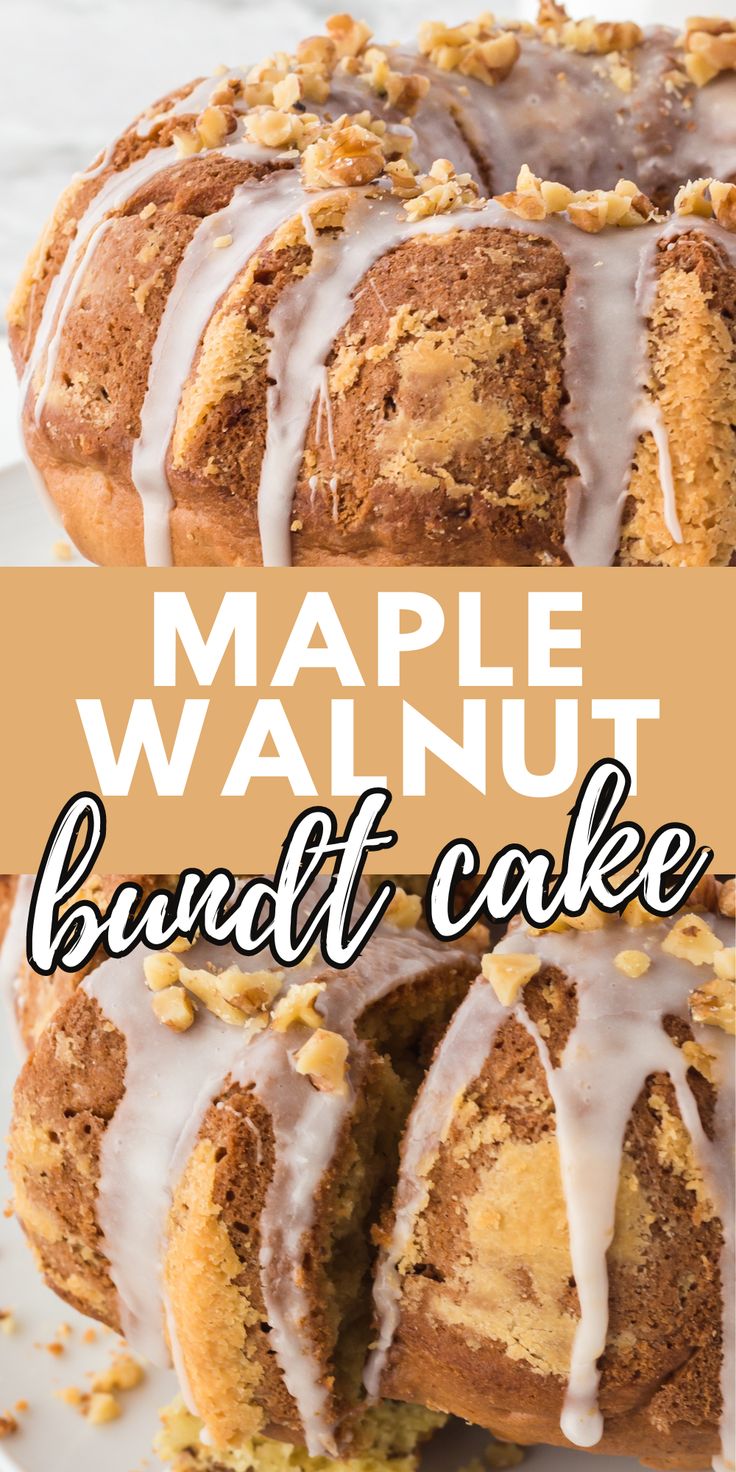 a close up of a bundt cake on a plate with the words maple walnut pound cake