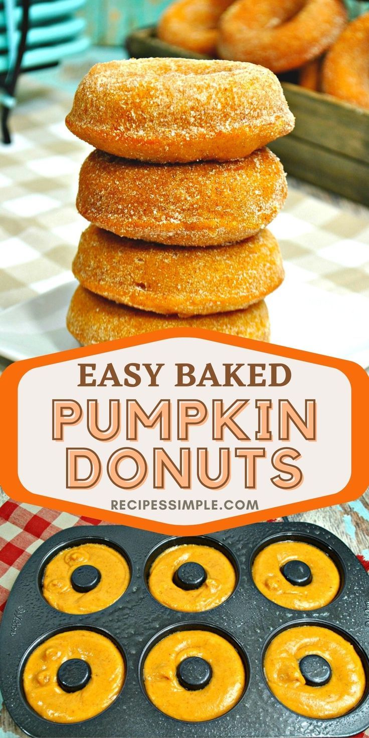 Baked pumpkin donuts stacked on top of each other Homemade Baked Donuts, Pumpkin Doughnuts, Pumpkin Donuts Recipe, Doughnut Recipe Easy, Pumpkin Doughnut, Homemade Donuts Recipe, Pumpkin Spice Donut, Baked Donut Recipes, Pumpkin Recipes Dessert