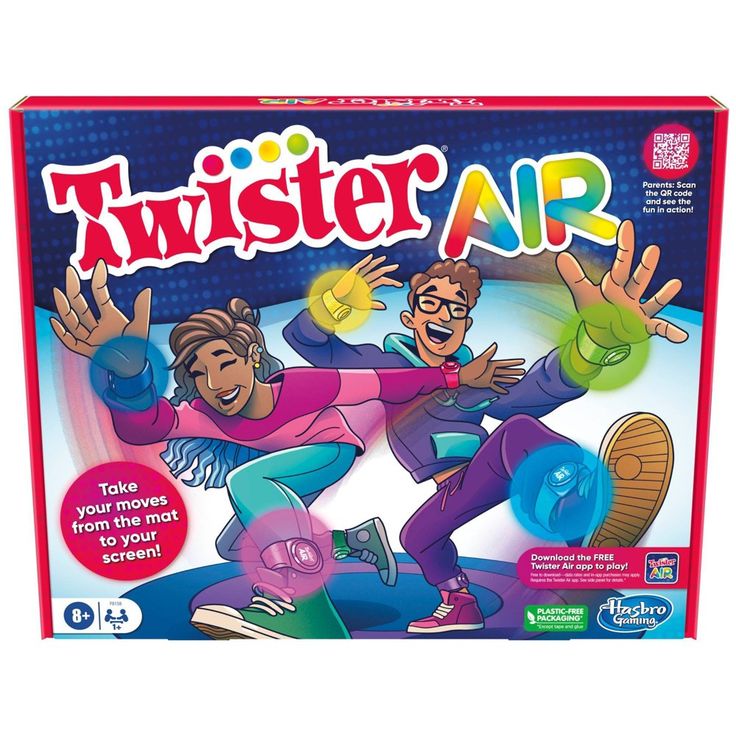 the board game twister air has two people on it and one is holding his hands up