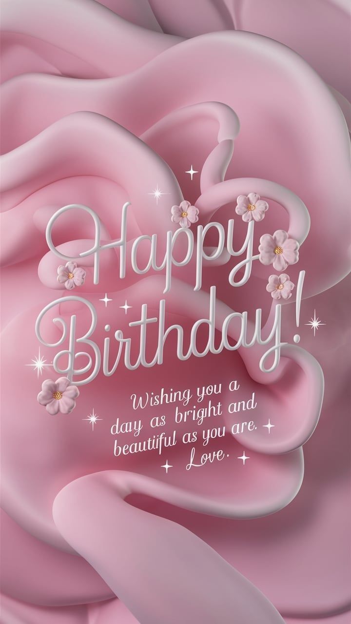 a pink rose with the words happy birthday written in white lettering on it's side