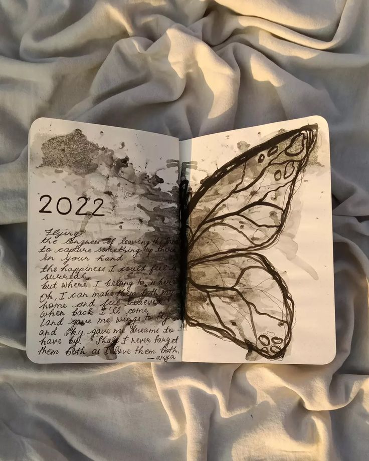 an open book with a drawing of a butterfly on it's cover, sitting on a bed