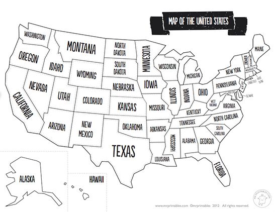 a map of the united states with names and cities in black ink on white paper