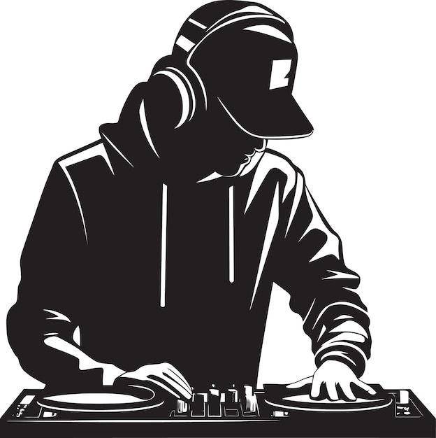 a dj mixing music on his turntable with headphones and a hoodie over his face