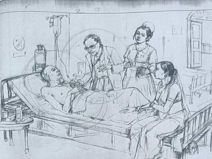 a drawing of three people in a hospital bed