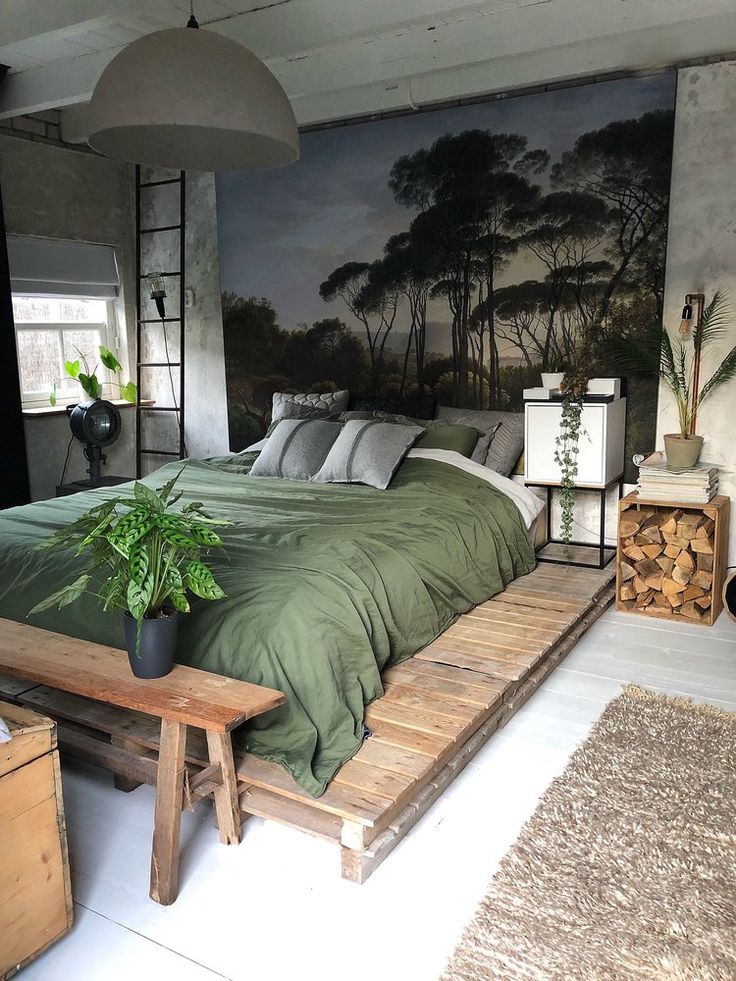 a bedroom with a large painting on the wall next to a bed and wooden table