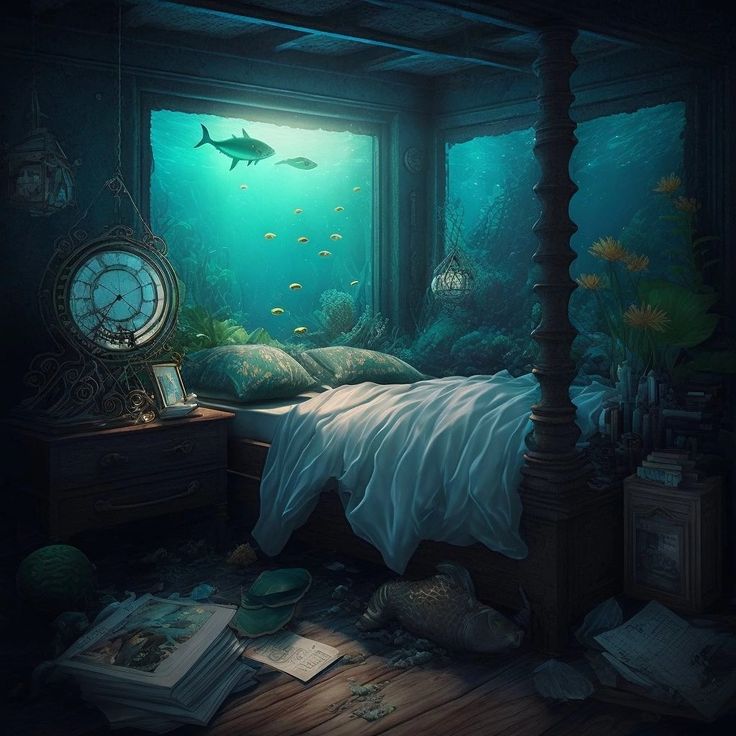 an underwater bedroom with a bed and clock