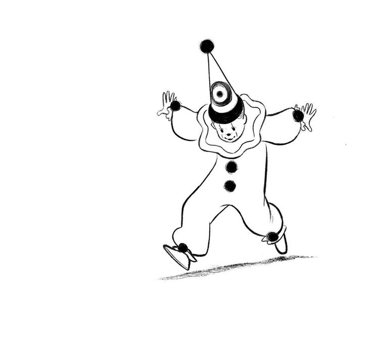 a black and white drawing of a clown jumping in the air with his arms outstretched