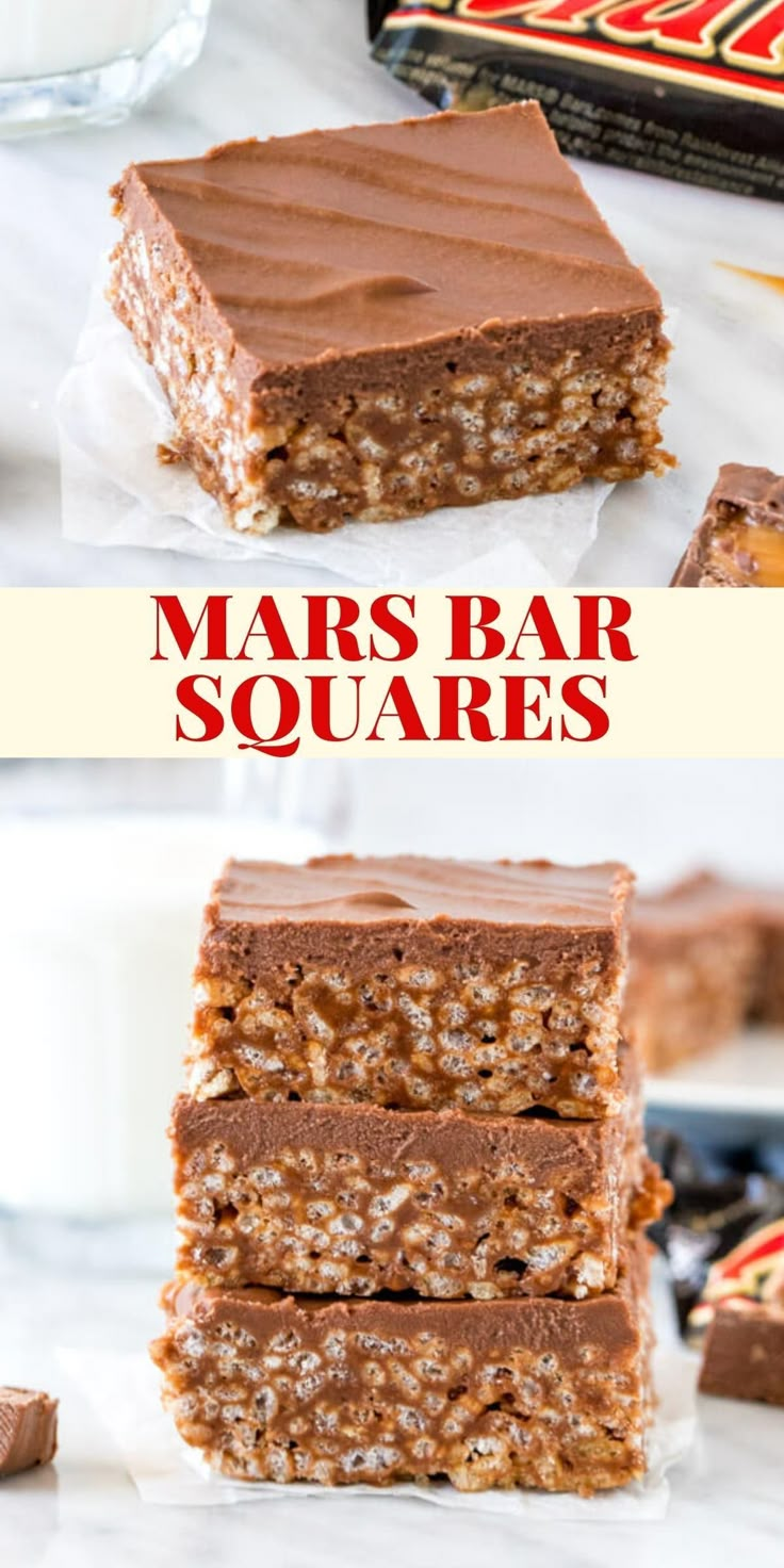 three different views of bars with chocolate frosting and nuts on top