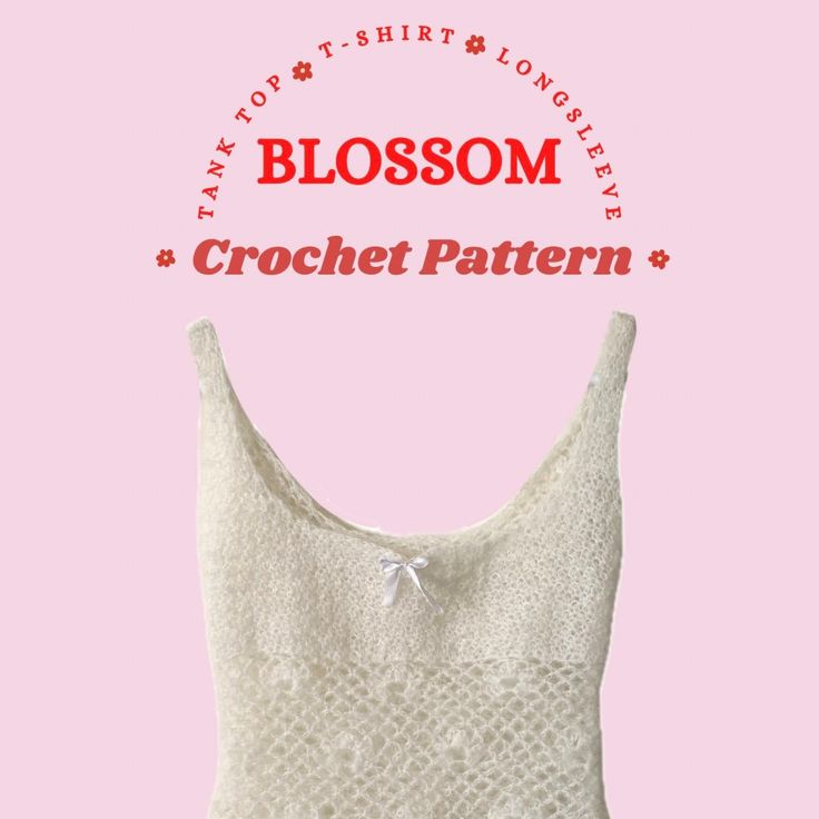 a crochet top with the words blossom in red and white on pink background