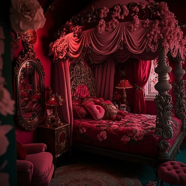 a bedroom with red and pink decor in the middle of it, there is a canopy bed that has flowers on it