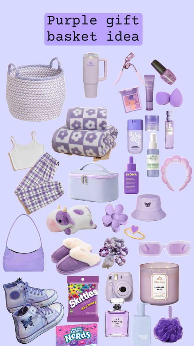 the purple gift basket idea is displayed in this image