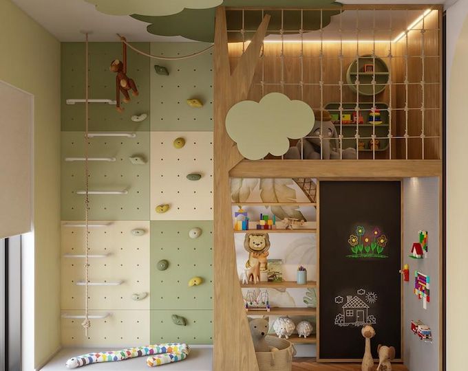 a child's bedroom with climbing wall and play area