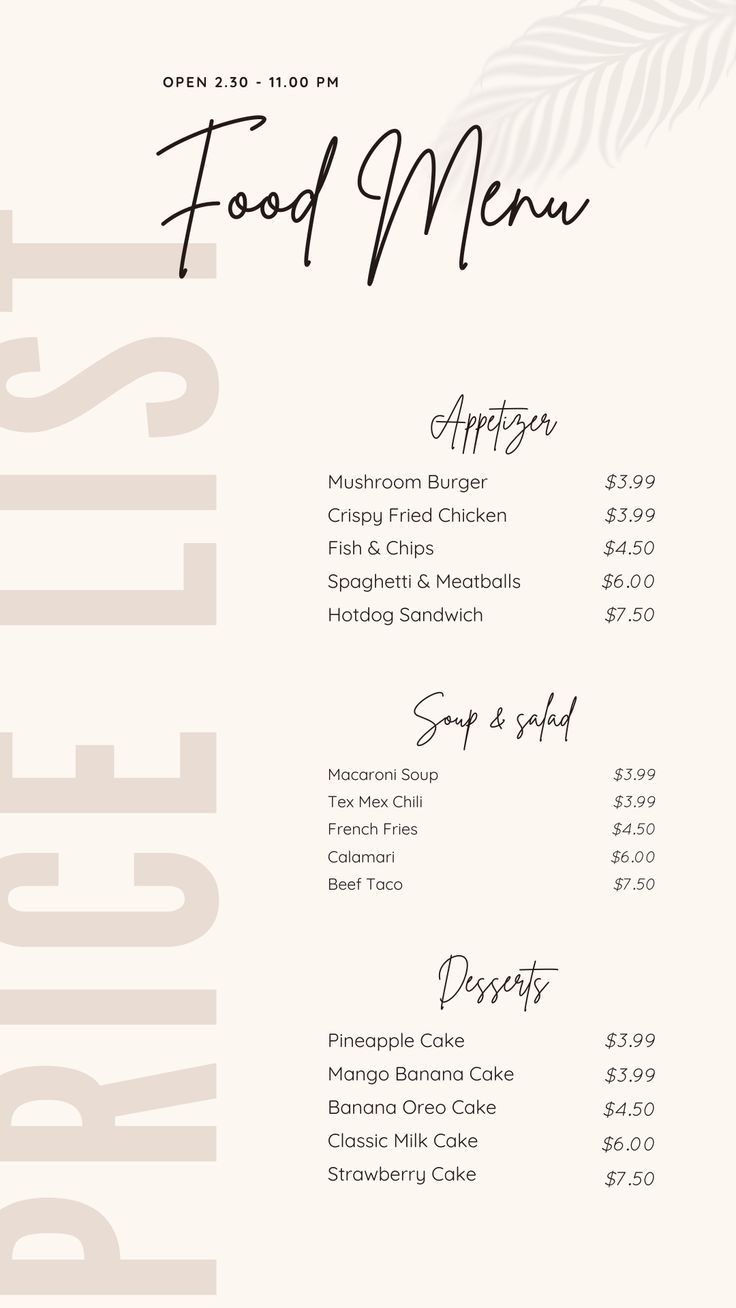 a menu for a restaurant with food items on it