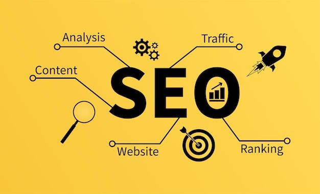 the word seo is surrounded by various icons and symbols in black on a yellow background