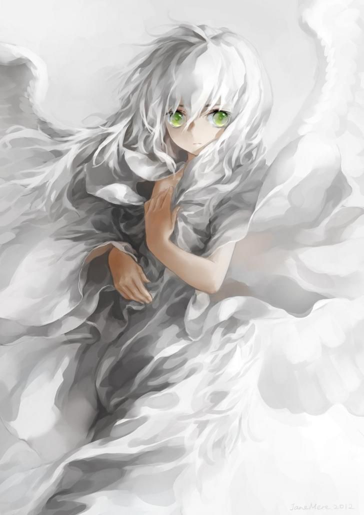 an anime character with white hair and green eyes, in the midst of flowing clouds