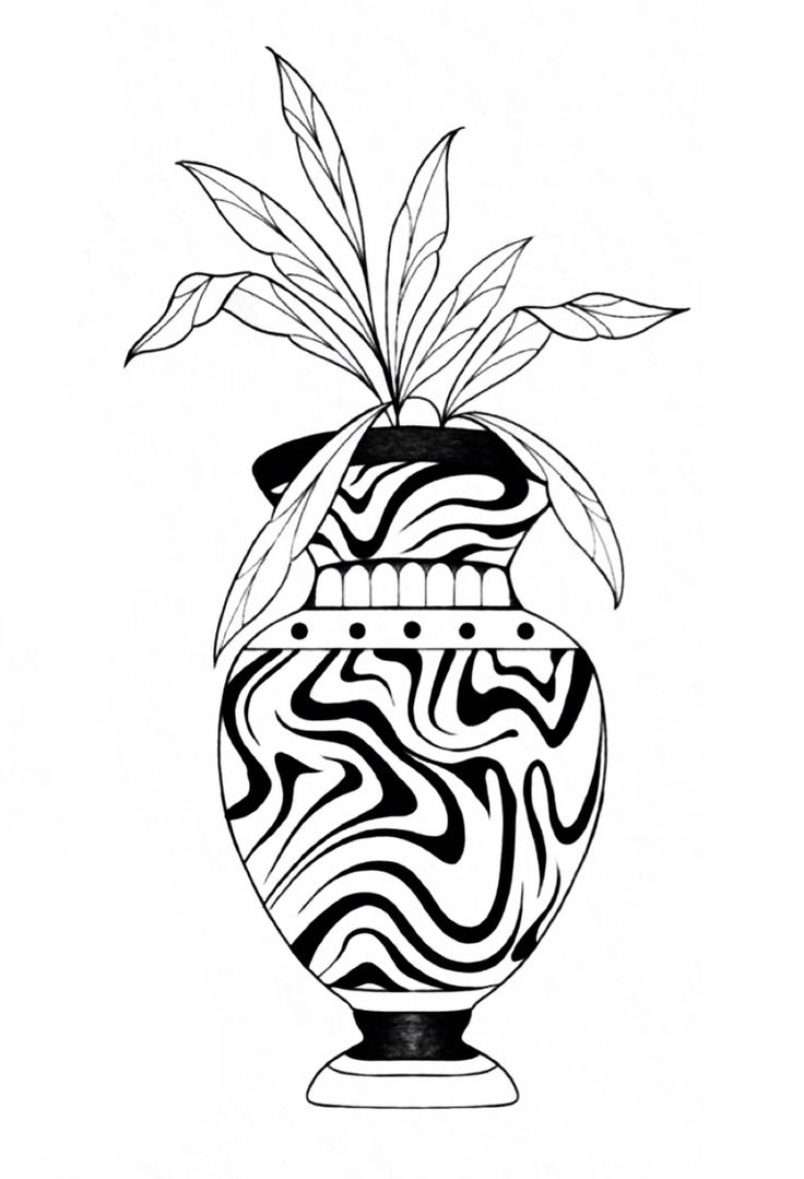 a black and white drawing of a vase with a plant in the top, on a white background