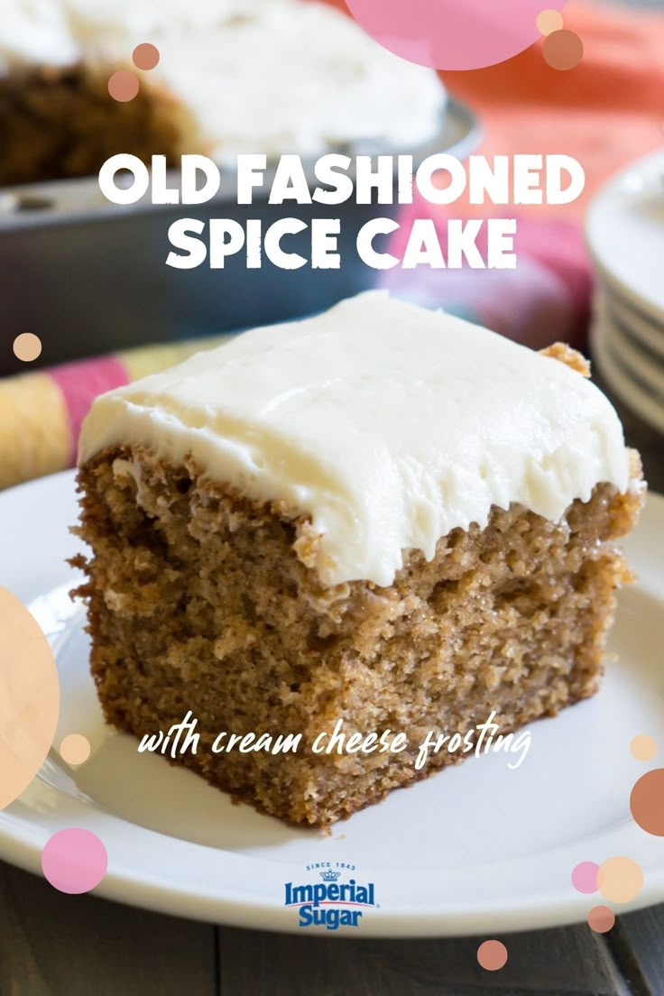 an old fashioned spice cake on a plate with cream cheese frosting in the middle