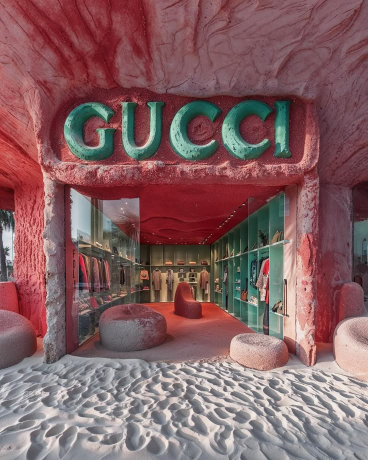 If only there were summer pop-up stores by luxury brands. 🏖️ Art/Prompts by @ifonly.ai AI-generated images (Midjourney • Magnific AI) Showcase Store, Window Display Design, Gucci Store, Brand Pop, Parametric Architecture, Instagram Luxury, Workplace Design, Retail Store Design, Store Interior