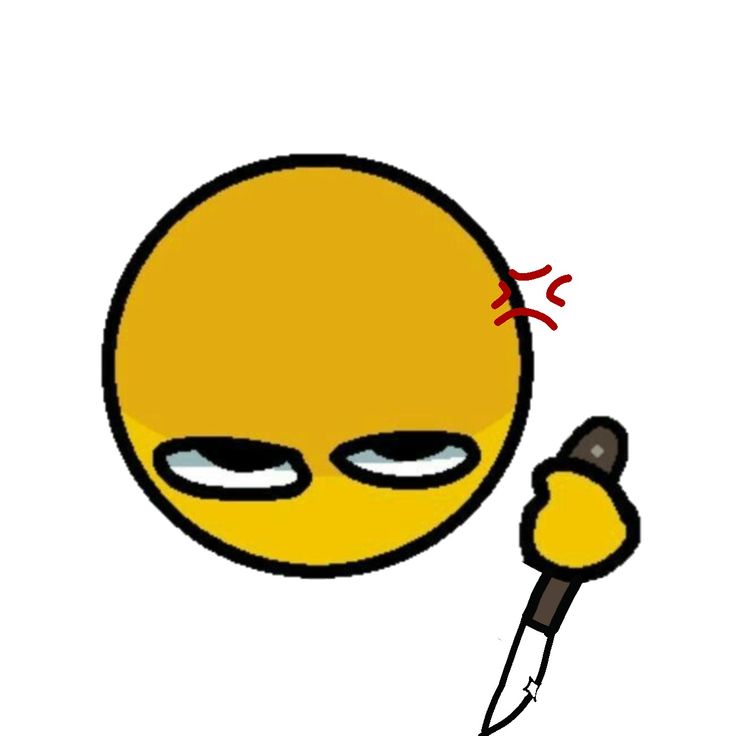 a yellow smiley face holding a knife and looking at the camera