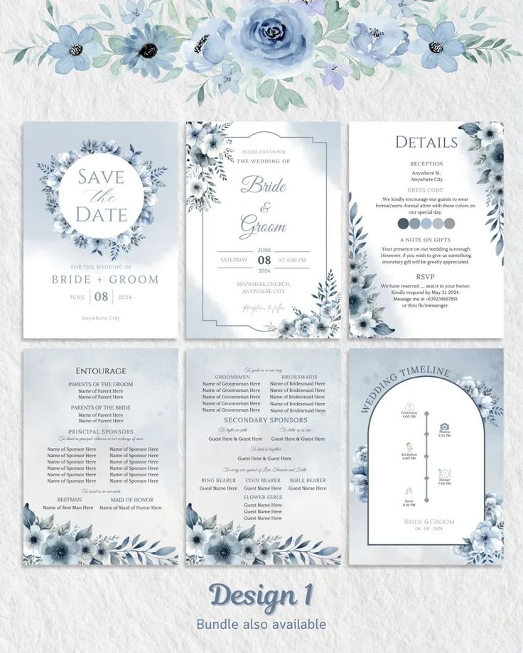 wedding stationery with blue flowers and greenery