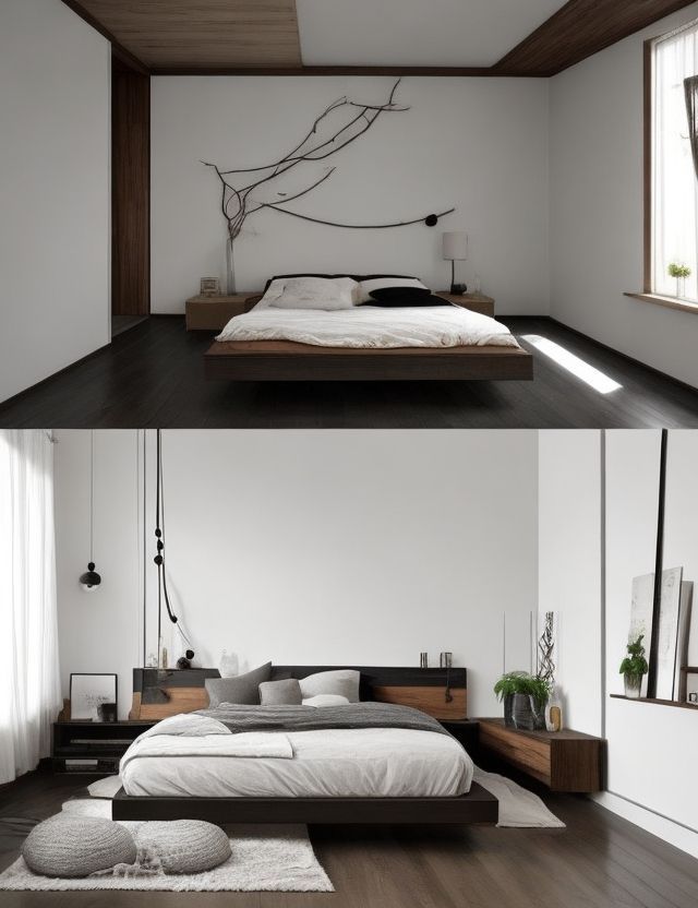 two pictures of a bedroom with white walls and wood flooring, one has a large bed