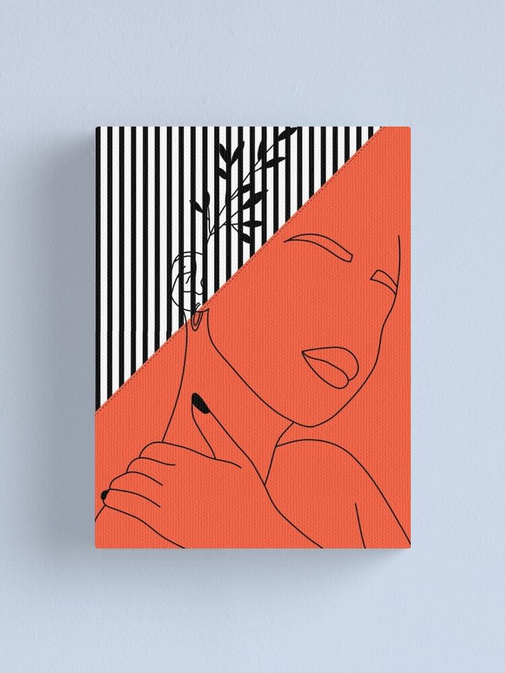 an orange and black abstract painting with lines on the background canvas mounted to a wall