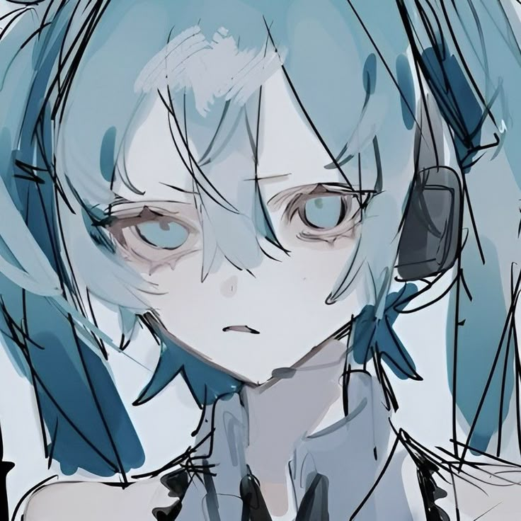 an anime character with blue hair wearing headphones