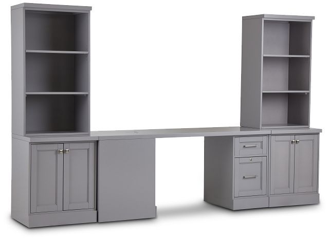 an office desk and bookcase with cupboards on each side, both in grey