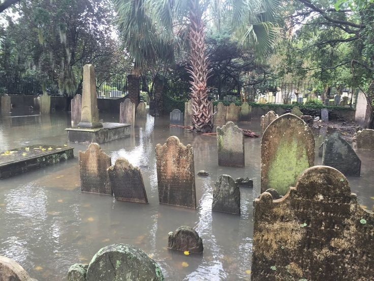 an old cemetery is flooded with water