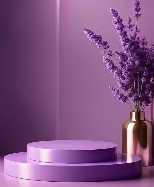 purple and gold vases with lavender flowers in them on a white countertop against a purple wall