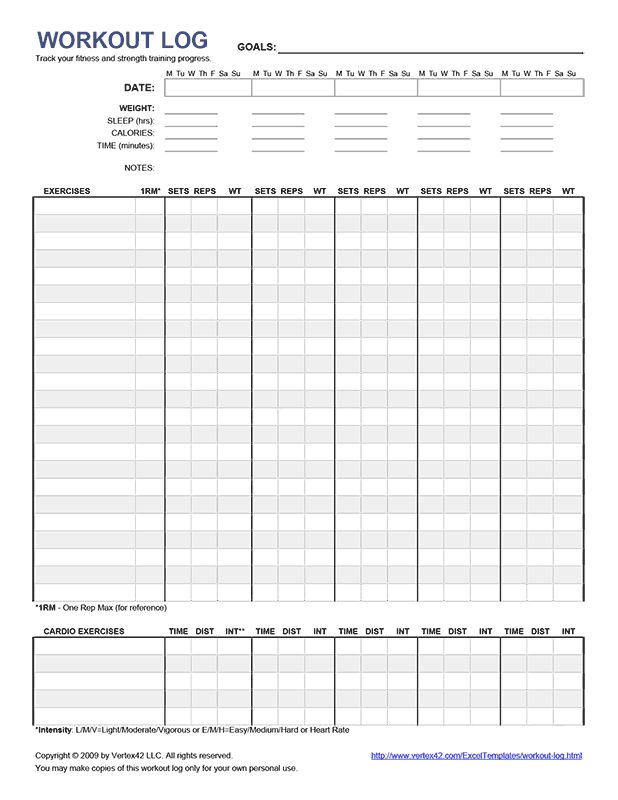 printable workout log is shown in the form of a blank sheet for an exercise